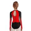 Girls Gymnastics Leotard Sheer Mesh Long Sleeve Keyhole Back Shiny Rhinestones Color Block Costume