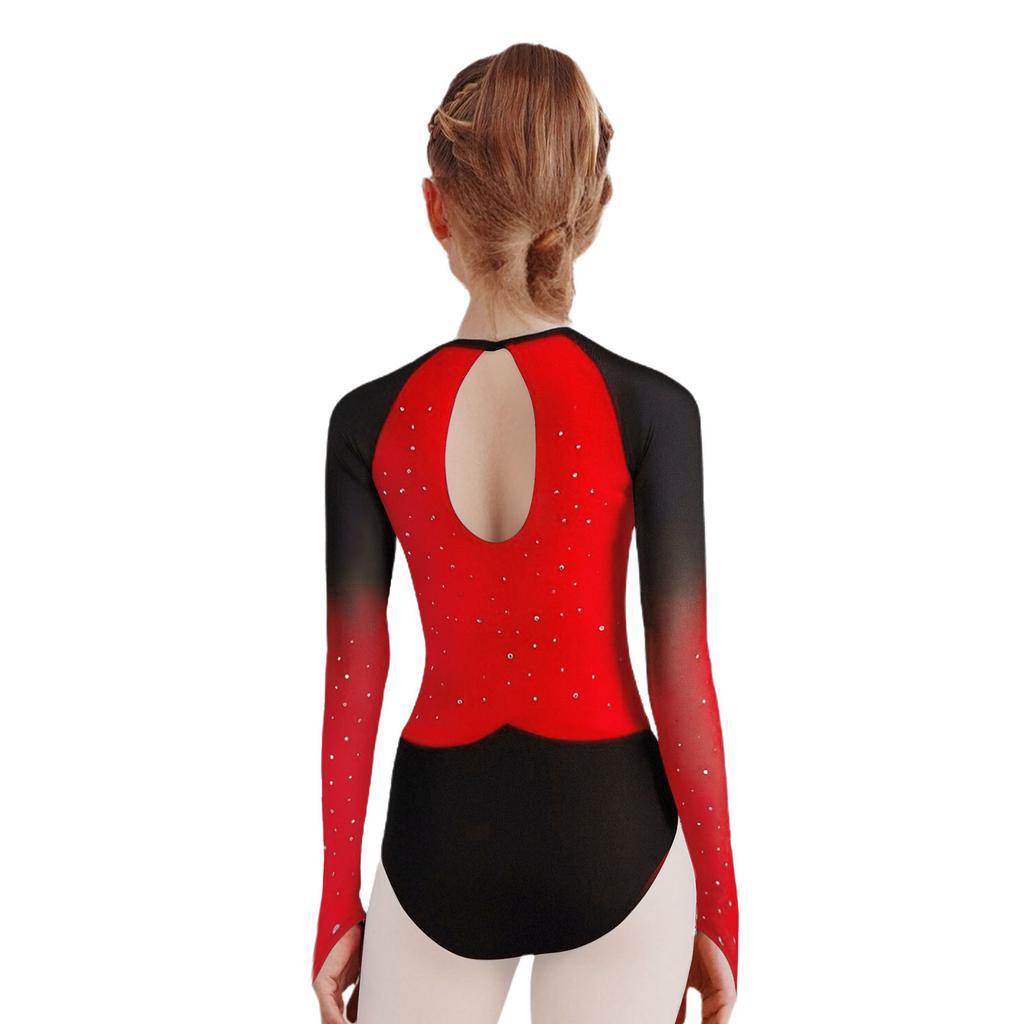 Girls Gymnastics Leotard Sheer Mesh Long Sleeve Keyhole Back Shiny Rhinestones Color Block Costume