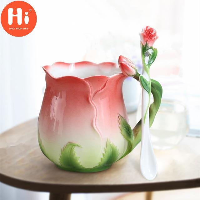 Hi European Style Enamel Ceramic Coffee Mug Creative 3D Rose Flower Shape Teacups Pastoral 4 Colors Breakfast Milk Cups With Spoon