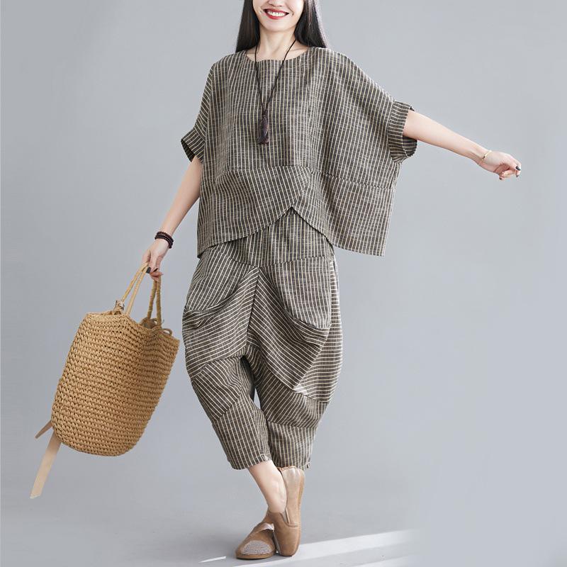 Women's Striped Cotton Linen Summer Set: Short Sleeve Batwing Top + Cropped Harem Pants