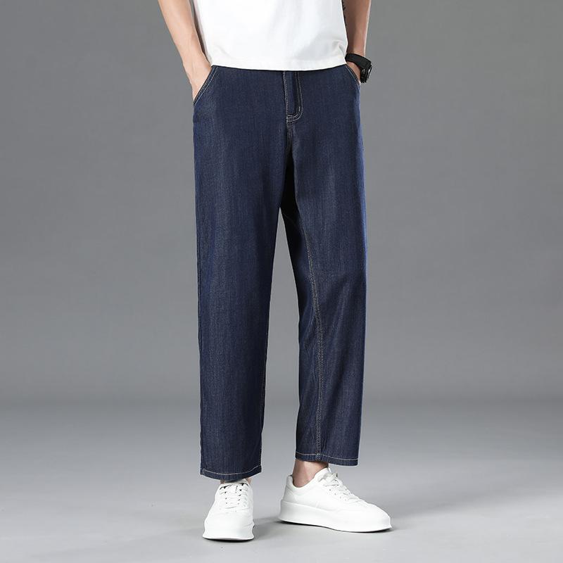 Lyocell Anti-fading High-end Wide-leg Jeans For Men, Loose Straight Stretch Stretch Summer Eight-nine-point Jeans