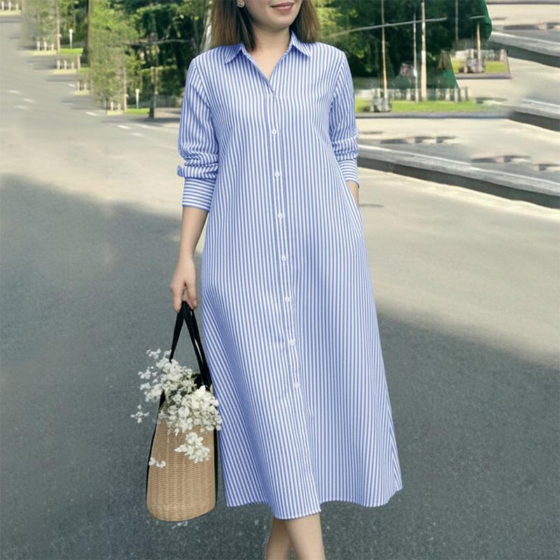

ZANZEA Женское повседневное платье-рубашка в полоску с отложным воротником и длинными рукавами S синий