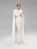 Elegant White Lace High-Neck Gown with Shawl Sleeves and Cut-Out Waist