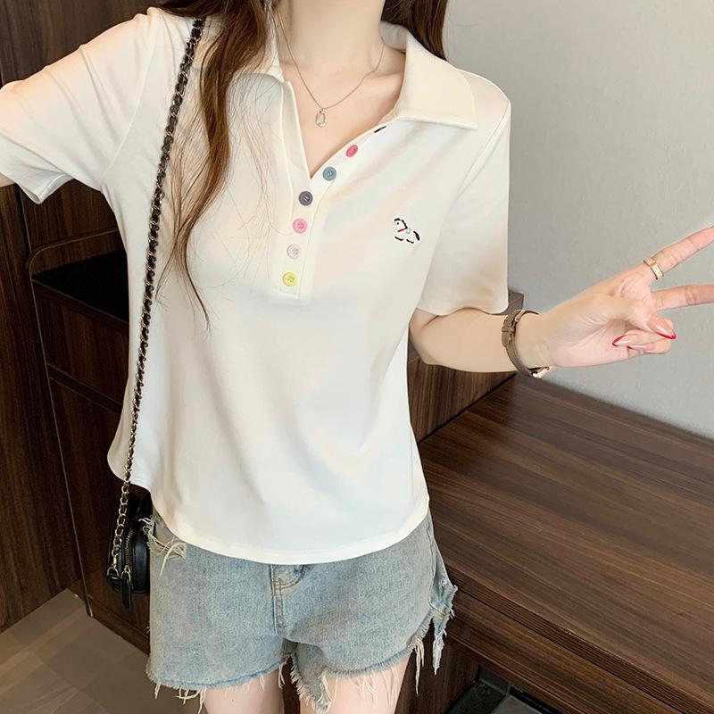 

2026 Summer Plus Size Women’s Polo: Rainbow Embroidery Horse, Casual Short Sleeve T-shirt 3XL брудно-білий