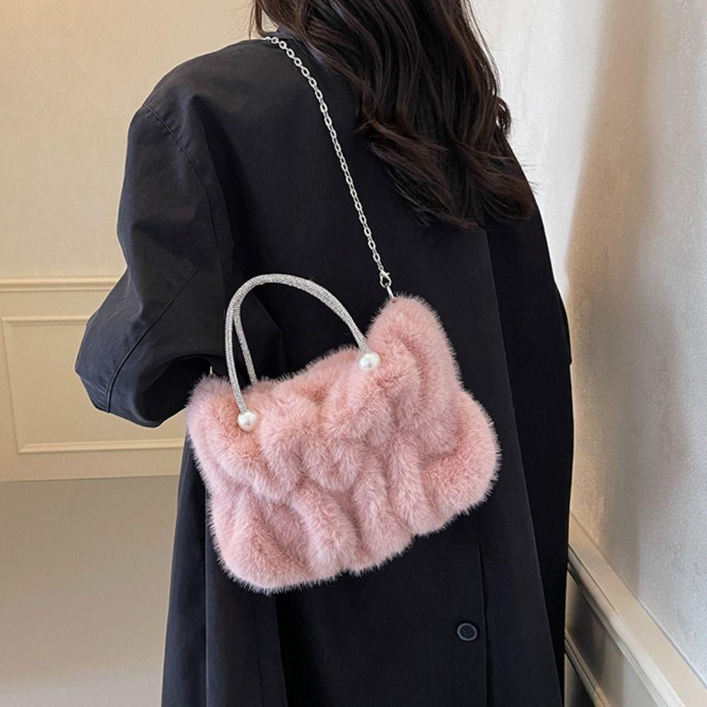 Korean Style Women Plush Shoulder Bag Solid Color Faux Fur Crossbody Bag Travel