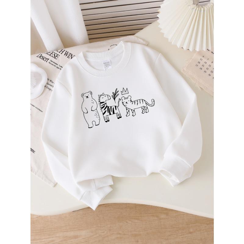 European sizes Kids' Sweatshirts, Girls' Autumn Winter Bear Zebra Tiger Crown Plant Print Long Sleeve Round Neck Sweatshirt, Casual Daily Wear.