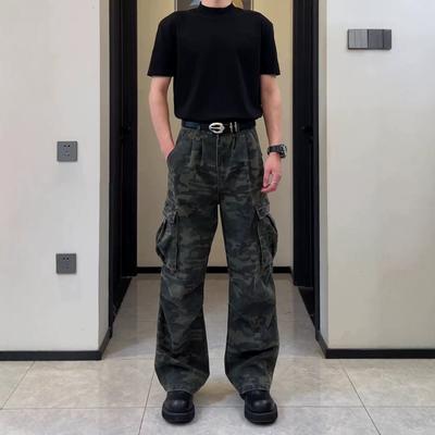 American Retro Camouflage Overalls Men's Summer High Street Vibe Casual Wide-leg Trousers Trendy Brand Versatile Straight Pants