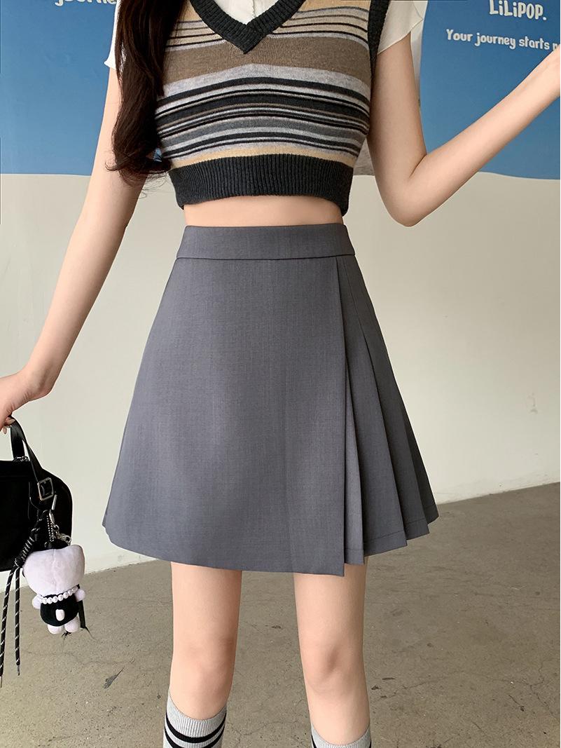 

Irregular Gray High-Waist Pleated A-Line Midi Skirt for Women – Slimming, Petite, Summer Style XXL