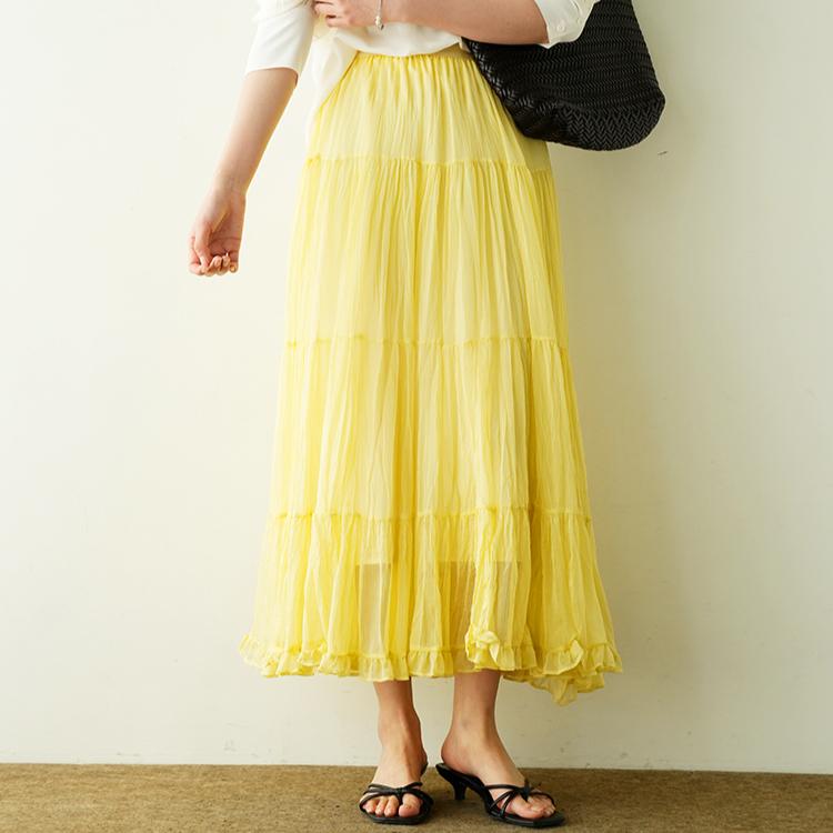 DIMANAF 2026 Summer Women New Skirts Solid Elastic Waist Pleated Mesh Elegant Skirts Yellow