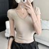 Women Solid V Neck Short Sleeve Slim Fit Casual Cropped T Shirt
