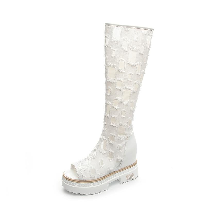Women's Canvas Hollowed-out Fishbeak Boots Sandals Go with Everything Summer Shoes