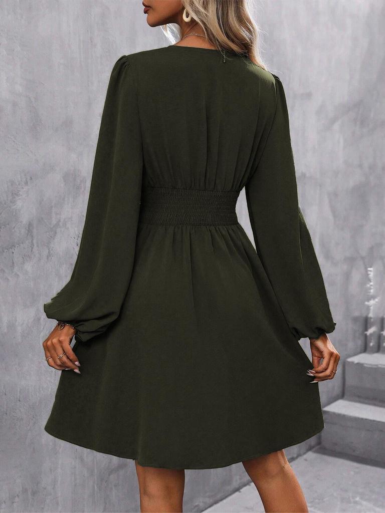 Asymmetric Neck Lantern Sleeve Ruffle Waist Dress