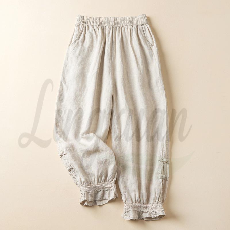 Spring/Summer Retro Frog Button Linen Harem Pants with Artistic Lace Patchwork Medium