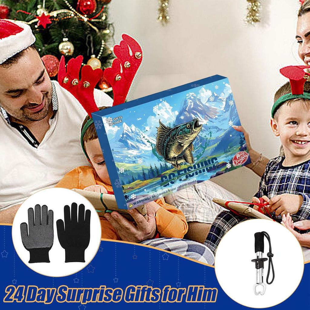 Fishing Advent Calendar 2025 24 Day Christmas Countdown Box with Fishing Accessories Rod Holder Lip Gripper for Dad Husband Gift