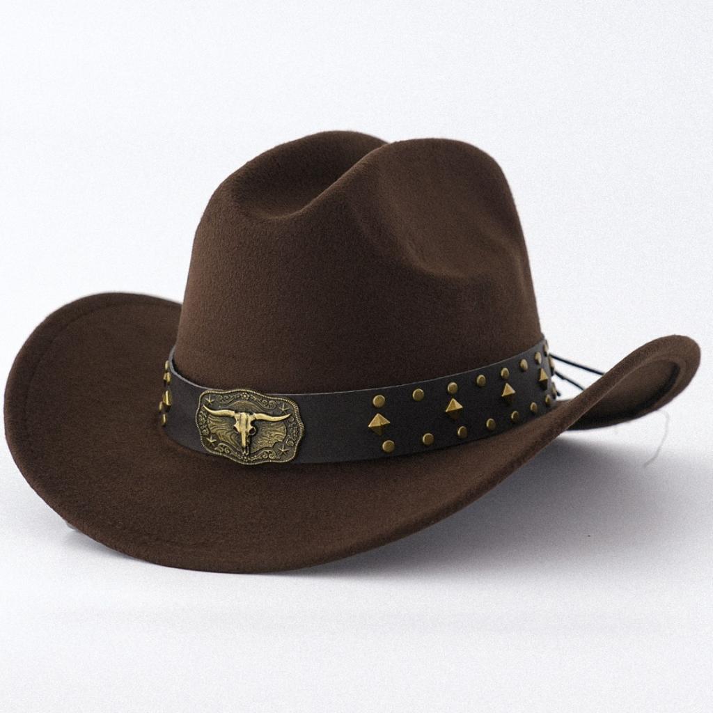 Brown felt western cowboy hat retro bull head rivet locomotive tough guy outdoor trendy man personalized wide brim hat