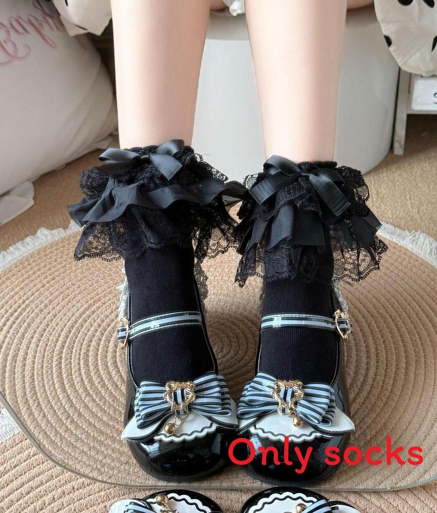 Cute Lolita Short Cotton Socks With Bow Embellishments For Teens