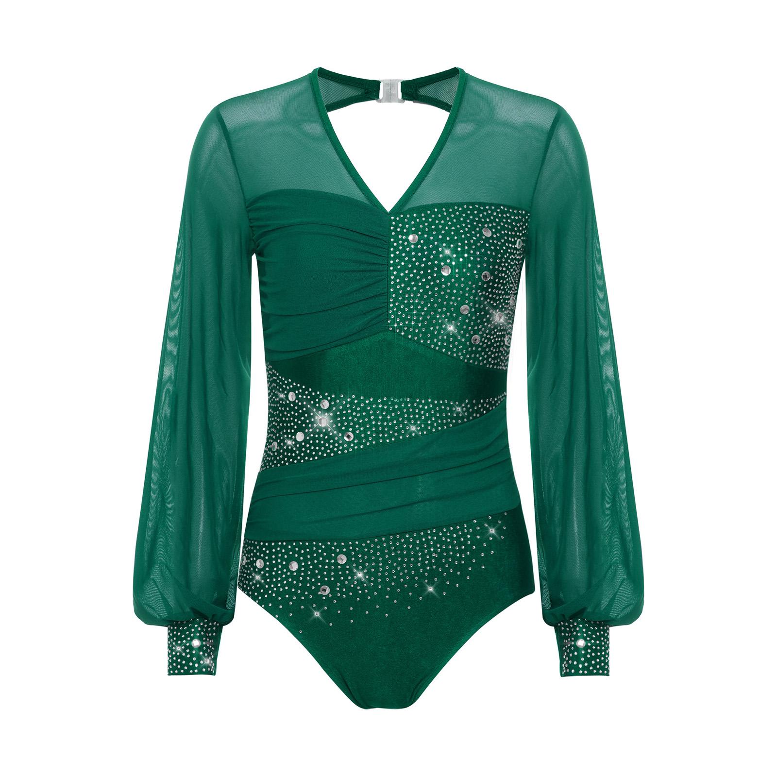 Women Rhinestone Gymnastics Bodysuit V Neck Mesh Sleeve Ballet Dance Leotard for Figuring Skating Tango Latin Dance Jumpsuit S