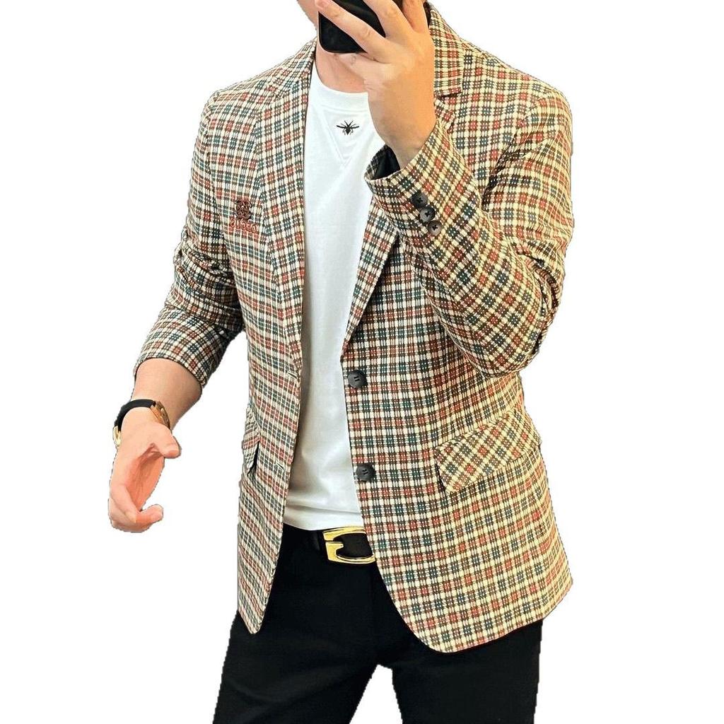 2025 Spring/Autumn High-End Men's Trendy Plaid Suit Top with Chest Badge