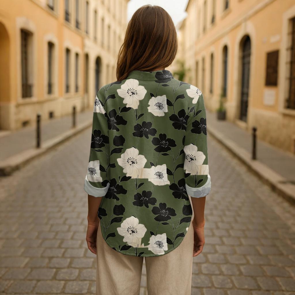 Chemise Pullover Décontractée à Revers et Manches Décontractées Imprimée Ample pour Femmes Printemps et Été