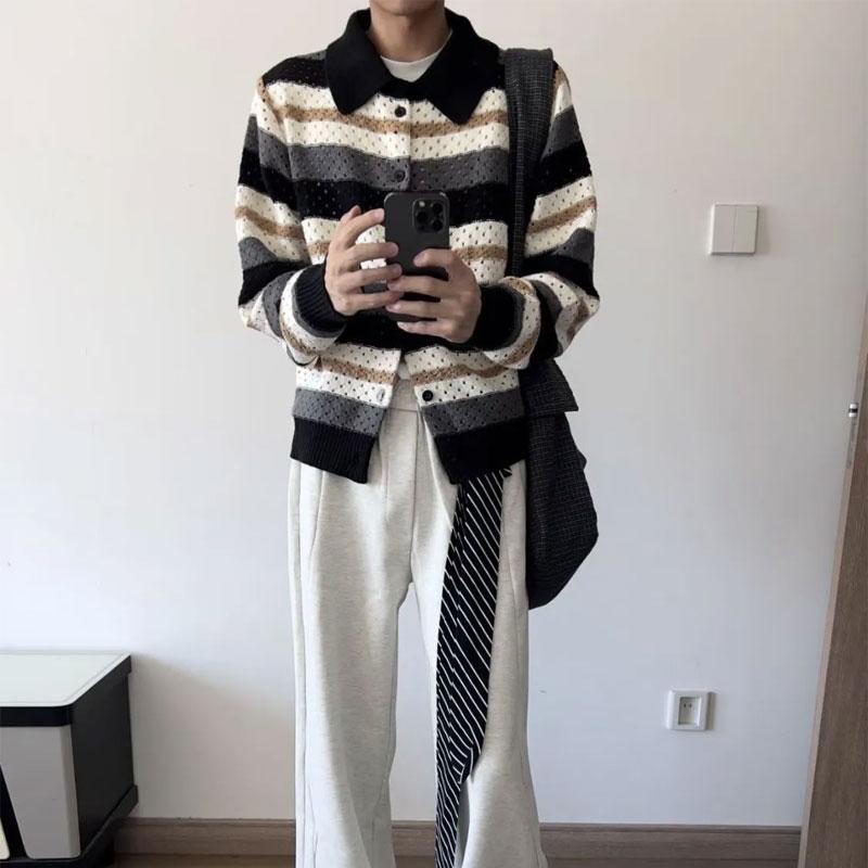 Korean Striped Contrasting Colors Sweaters Men's Clothing Fashion Hollow Out Autumn Winter Vintage Polo-Neck Knitted Cardigan