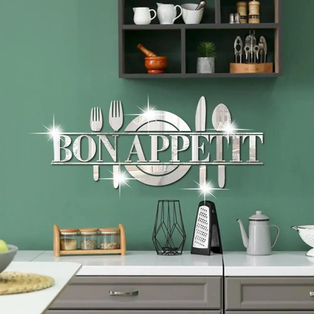 

3D акриловые наклейки на обеденную тарелку с надписью BON APPETIT, зеркальные наклейки для ножей, вилок, кухонных настенных наклеек, украшений для спальни и дома
