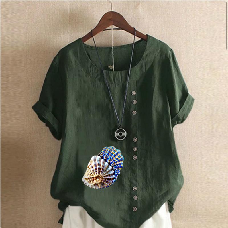 Women's Fashion Round Neck Short Sleeve T-shirt Casual Cotton Linen Graphic Shirt Leisure Loose Conch Prined Summer Blouse Tops
