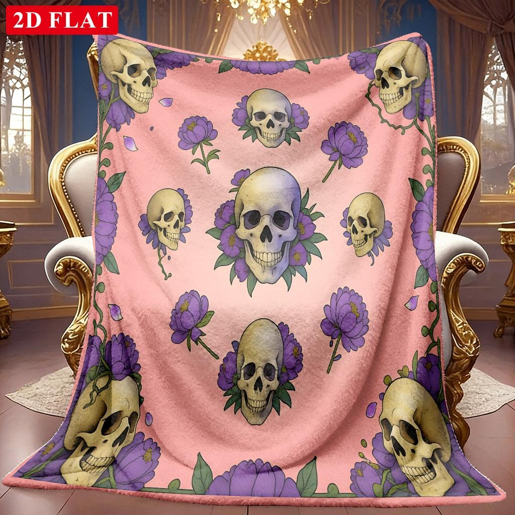 1pc 2D Skull And Purple Floral Theme Pattern Flannel Blanket, Soft HD Digital Print, Cooling Blanket All-Season Use! Soft And Breathable 100% Polyeste