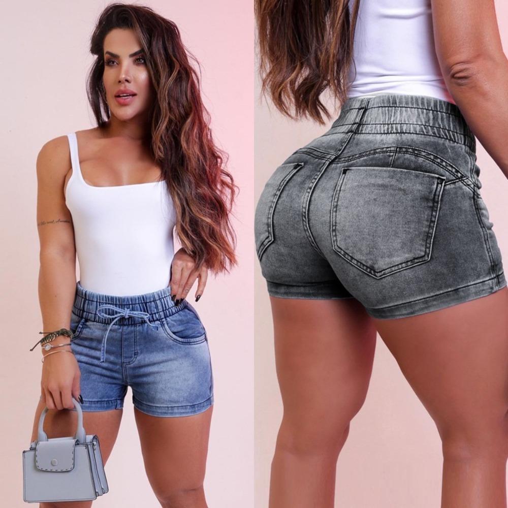 Spring and Summer Women's Slim-fitting Lace-up Denim Shorts High-waisted Elastic Hip-wrapped Pants