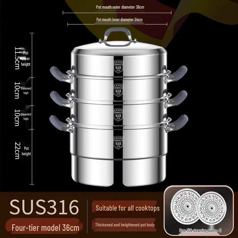 316 Stainless Steel Steamer Pot with Silicone Handle - Large Capacity Multi-layer Stew Basket