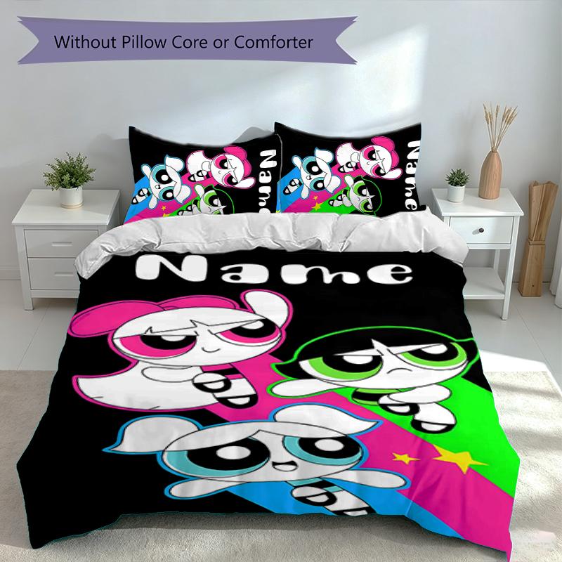 3pcs Custom Name The Powerpuff Girls Bedding Set,Includes 1 Duvet Cover and 2 Pillowcases,All-season Bedroom Decor