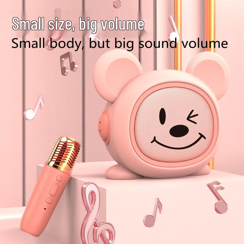 Cartoon K Song Multifunctional Desktop KTV Microphone Speaker with High-Definition Sound, Smile Face, and Cute Ears.
