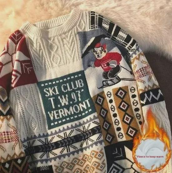 Men's Winter Plus Velvet Thick Warm Knitted Christmas Sweater - Hong Kong Style, Loose Fit, Trendy for Couples
