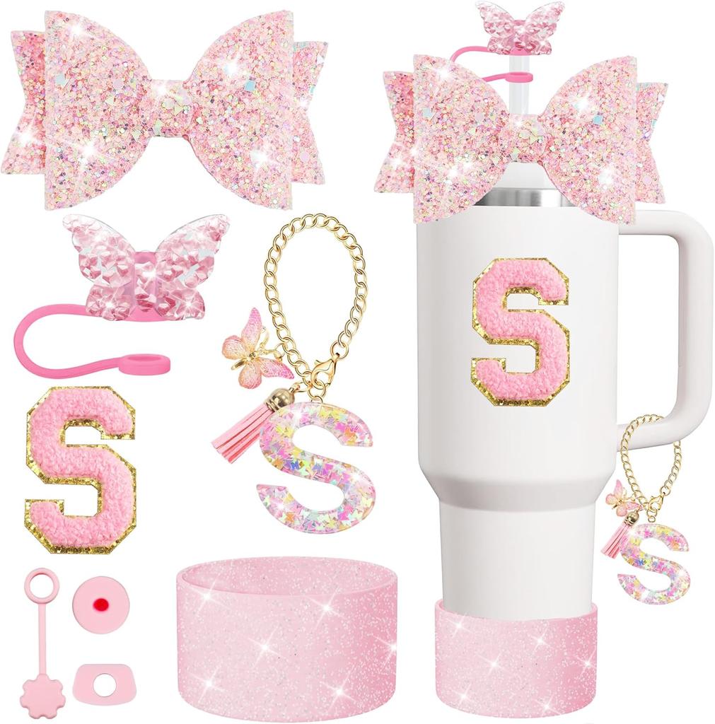 Set 8 buc Accesorii pentru Cană pentru Pahar Stanley 30oz 40oz Topper Paie Capac Acoperiș Boot, Dop Antivărsare Charm Autocolant Inițiale