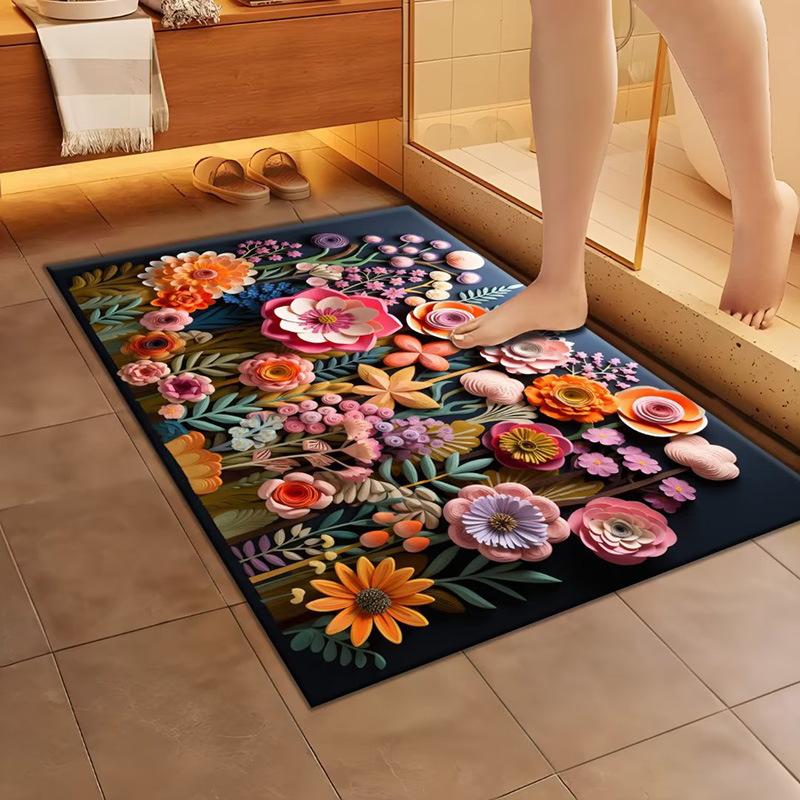 Home Floor Mat With 3D Pattern Non Slip Bath Shower Mat Water Absorbent Mat For Bathroom And Doorway Expandable Flower Rug