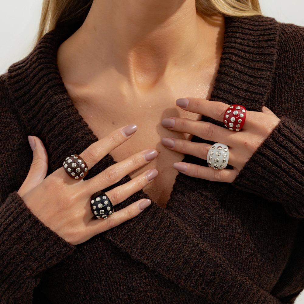 Exaggerated Punk Rivets Geometric Inlay Rhinestone Resin Wide-faced Adjustable Opening Rings for Women Retro Personality Jewelry