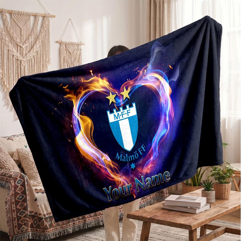 Malmö FF Personalized Fleece Blanket With Football Logo, Custom Name Text Soft Warm Home Throw Blanket