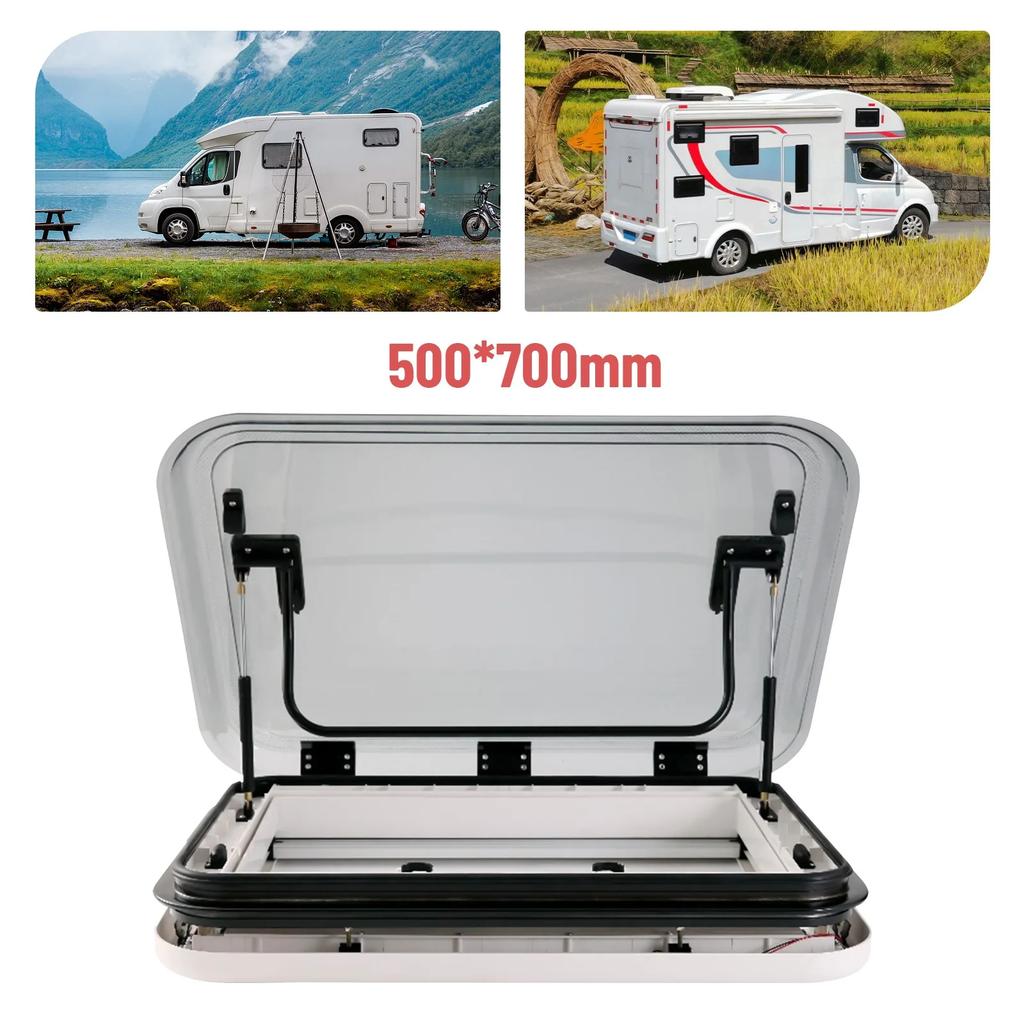 700x500mm RV Roof Vent With LED Light, 70° Opening, White - Skylight Parts with Insect Screen & Sunshade for Campers & Trailers