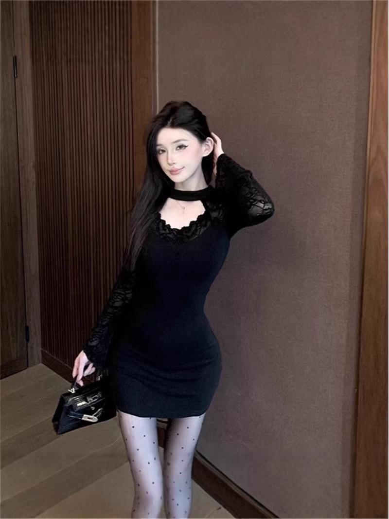 

Backless Halter Long Sleeve Bodycon Dress - Sexy Hollow Out, Short Skirt for Women, Spring Autumn L чорний