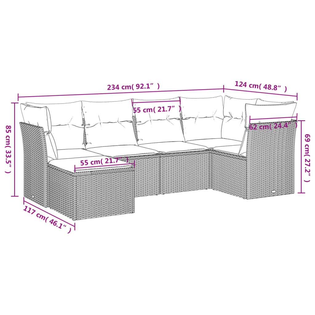 Vidaxl 6-Cz. Garden Furniture Set With Cushions, Black Poly Rattan