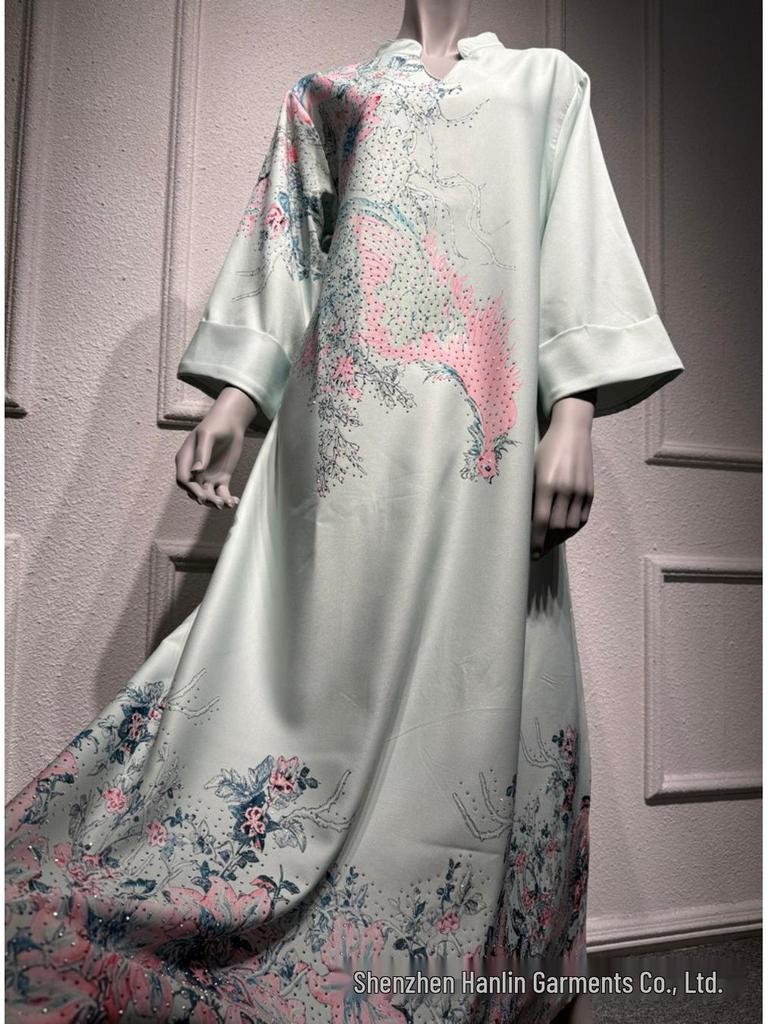 SM003 Muslimisches Jalabiya-Print-Langarmkleid mit Heißbohren - Damenbekleidung im Dubai-Stil