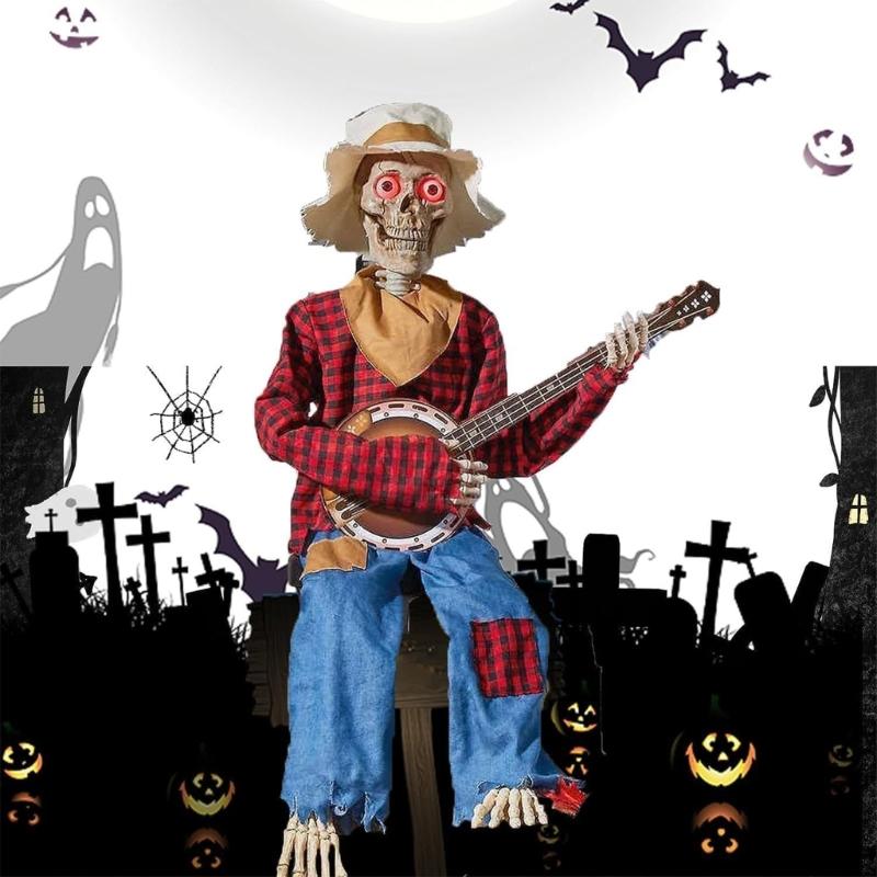 Halloween Banjo Playing Skeletons Decorations Outdoor/Indoor Halloween Party Decors Animated Skull with Light Up eye