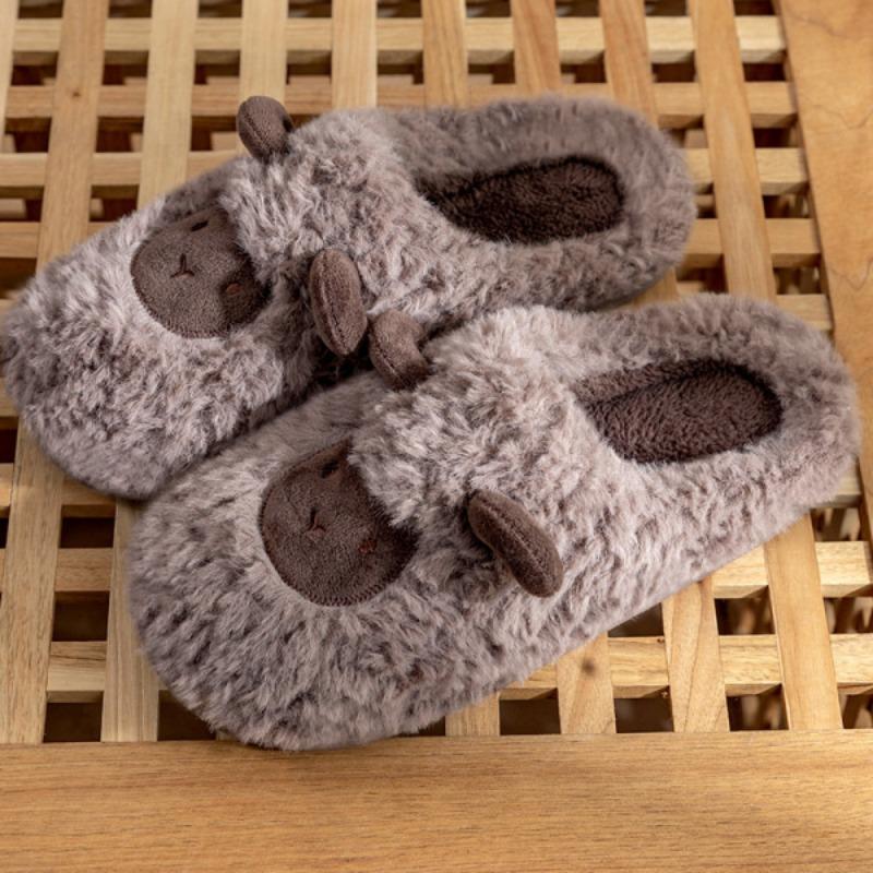 Cute cotton slippers women's winter indoor home thick bottom velvet warm couple plush cartoon lamb cotton drag men