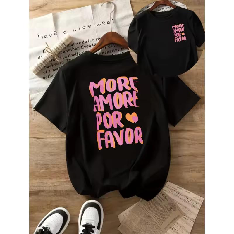 MORE AMORE POR FAVOR Women's Casual Short Sleeve Crew Neck T-Shirt Pink Print with Hearts Harajuku Casual Loose Short Sleeve