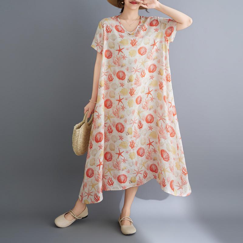 Summer Travel Print V-Neck Retro Irregular Long Cotton Linen Dress Plus Size Free Size коралловый/моря