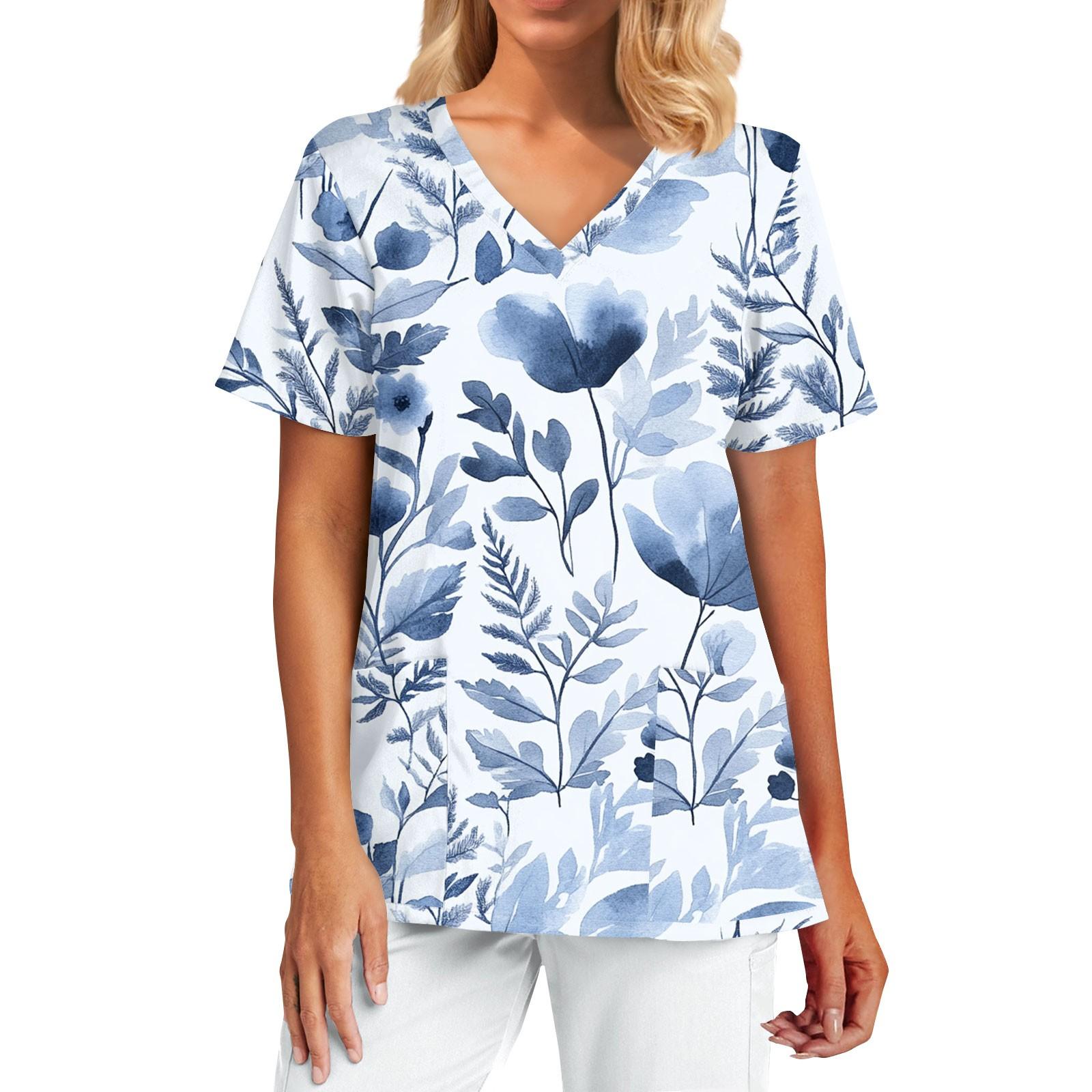 Women s Fashion Print Short Sleeve V Neck Pocket  Top L