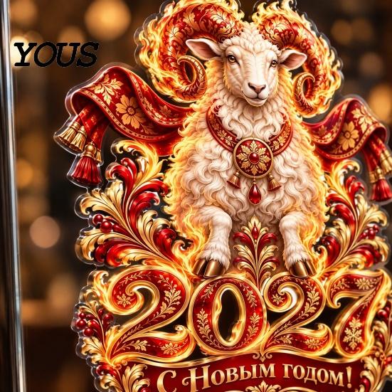 Removable Glass Stickers 2027 Year of Sheep Static Window Clings, Flame Zodiac Stickers, Seasonal Decorations Russian New Holiday Decorations,
