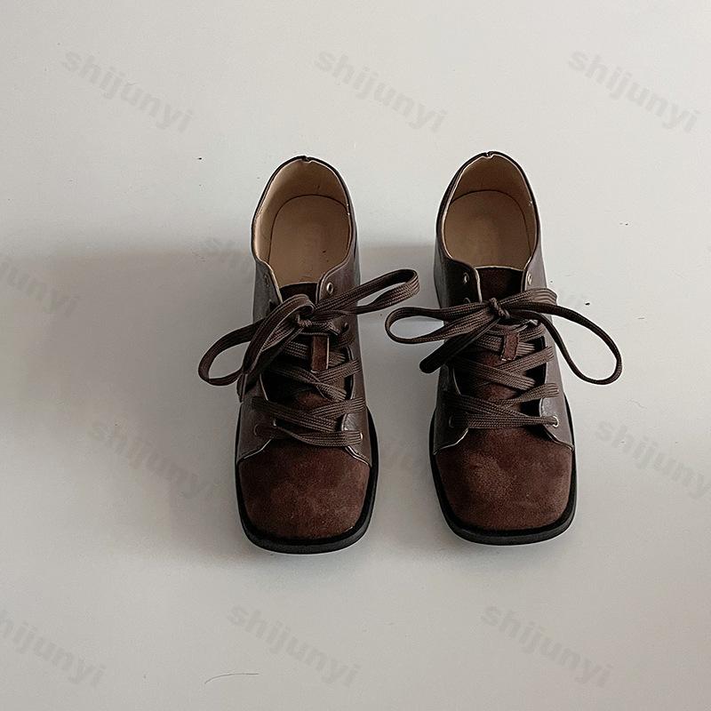 Spring  New Niche Thick Heigh Heeled Retro Designed Women's Korean Version Lace Up Square Toe Fashion Splicing Single Shoes