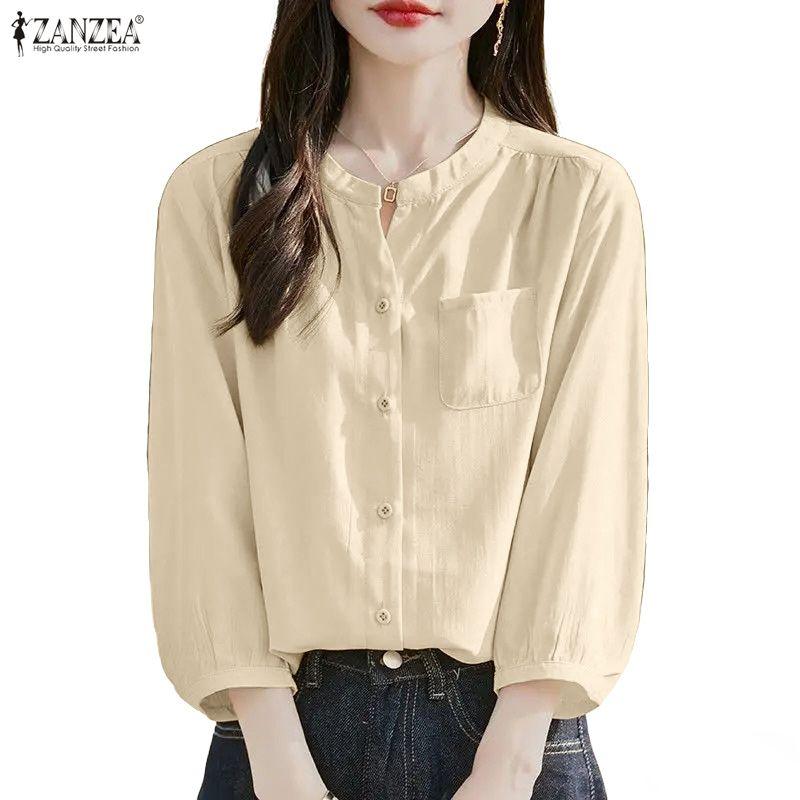 ZANZEA Women Casual V-Neck Solid Color Loose 3/4 Sleeve Blouse