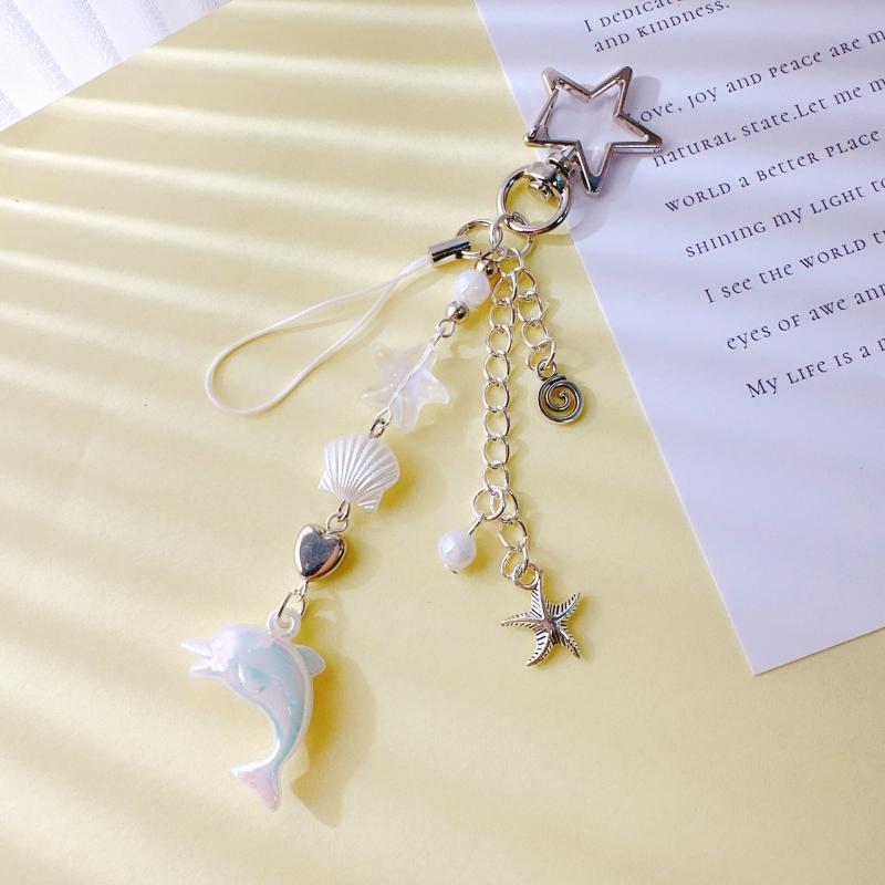 Cute Dolphin Pearls Pendant Keychain Beaded Mobile Phone Chain Sweet Exquisite Backpack Decoration Accessories Gifts