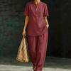 Women's 2 Piece Linen Sets, Short Sleeve Button Up Top And Wide Leg Pants Matching Outfits, Summer Casual Lounge Sets with Pockets